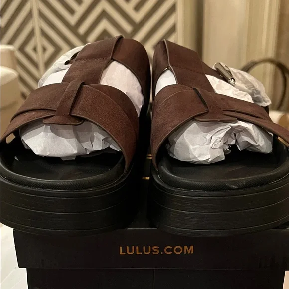 Lulus Surie Chocolate Brown Suede Strappy Flatform Slide Sandals/NIB/Size 8 - Picture 7 of 15